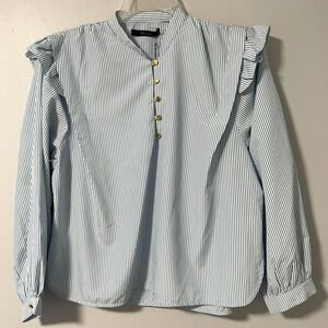 Deluc Blue & White Striped Half Button Front Top M NWT Gold Buttons Ruffles